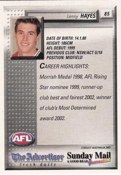 2003 Select The Advertiser-Sunday Mail AFL #85 Lenny Hayes Back